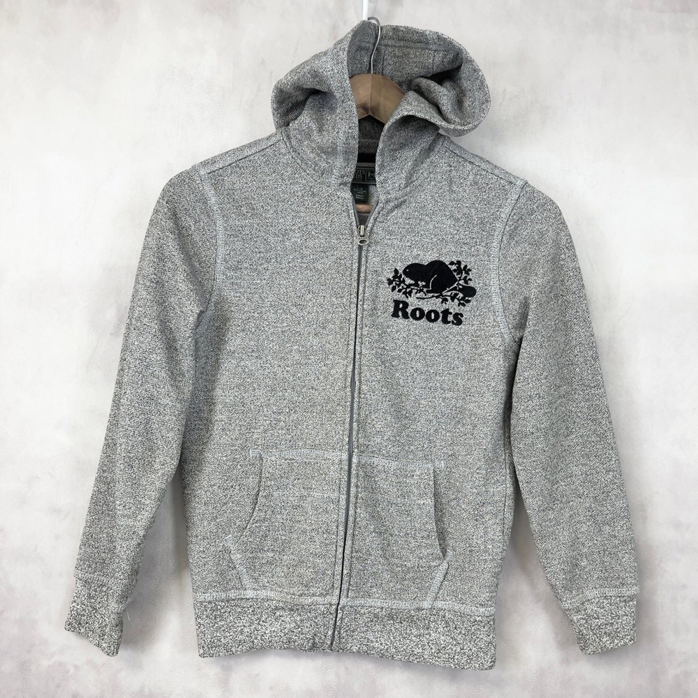 Roots Kids Full Zip Up‎ Hoodie Sweatshirt Gray Beaver Logo Size L 9-10 Years